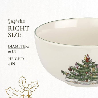 Spode Christmas Tree Large Round Bowl - 10-Inch Porcelain Serving Dish for Salad, Pasta & Side Dishes - Iconic Holiday Design with Green Trim, Dishwasher, Microwave Safe - Festive Gatherings