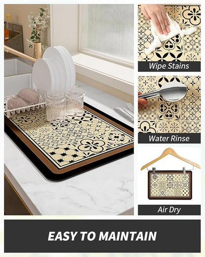 AMOAMI Coffee Mat Hide Stain Rubber Backed Absorbent Dish Drying Mat for Kitchen Counter - Fits Under Coffee Maker or Machine - Khaki 17x31.5