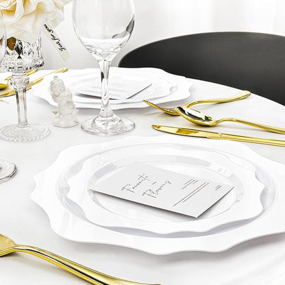 100 PCS White Disposable Plates for 50 Guests, Scalloped Plastic Plates Include 50 Dinner Plates and 50 Dessert Plates for Party, Wedding