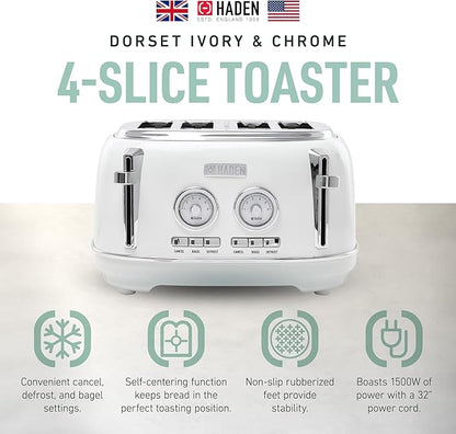 Haden Dorset 4 Slice Wide Slot Stainless Steel Toaster with Adjustable Browning Control & Non-Slip Feet, Ivory & Chrome