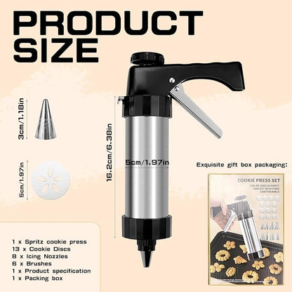 Cookie Press, Cookie Press Gun for Baking, Spritz Cookie Press, Stainless Steel Churros Maker Machine Kit, with 6 Brushes, 13 Cookie Discs, 8 Icing Nozzles, for Cookie Decorating