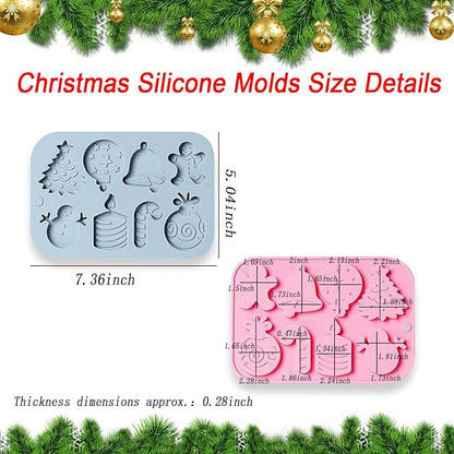 Christmas Silicone Chocolate Molds, 2 Pcs Snowman Bell Candle Gingerbread Man Walking Stick Christmas Tree and Gift Set 3D Shaped Molds, for Jelly Soap Fondant Candy Pastry Gummies Cake Decorating