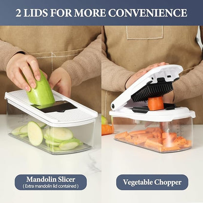 Ourokhome Food Chopper with Container, Manual Mandolin Vegetable Slicer Onion Dicer with 8 Blades, Hand Veggie Shredder for Potato, Tomato, Essential Kitchen Gadgets (8 in 1, White)