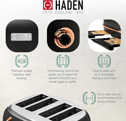 Haden Heritage 4 Slice Wide Slot Stainless Steel Toaster Bundled with 12 Cup Programmable Drip Coffee Maker Coffee Machine, Black & Copper