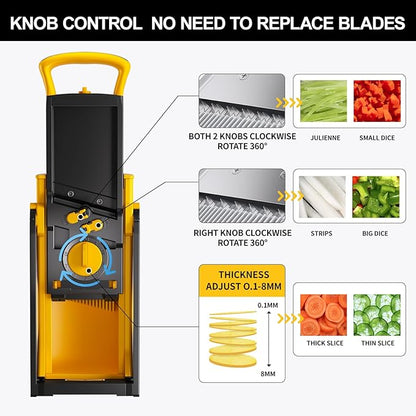 Safe Mandoline Food Slicer for Kitchen, Multifunctional Vegetable Chopper, Mandoline Potato Slicer with 35+ Presets & Thickness Adjuster, French Fry Cutter, Veggie Dicer for Meal Prep (Yellow)