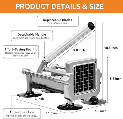 Commercial French Fry Cutter Stainless Steel.Potato Cutter for French Fries with 1/2 and 3/8Inch Blade, Commercial French Fry Cutter Manual Potatoes Cutting Machine with Suction Feet.