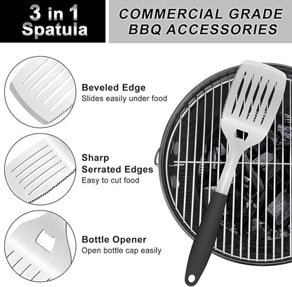 Grill Tools BBQ Accessories Set of 2, 15.8'' Heavy Duty Stainless Steel Grill Utensils with Grill Spatula and Fork, Full Tang Silicone Handle, Outdoor Grilling Tools Barbecue Accessories