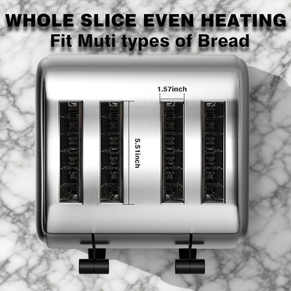 PYY Commercial Toaster 4 Slice for Restaurant - Wide Slots 1.57 inch Stainless Steel 6-Level Setting, with Removable Crumb Tray, 225 Slices/Hour 1800W - Bread, Bagels, Breakfast, Texas Toast