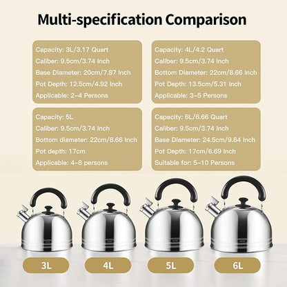 Tea Kettle, 5.7QT 6L Whistling Tea Kettle for Stove Top, 304 Stainless Steel Tea pot, Large Teapot for stovetop, Camping Kettle for Boiling Water (Mirror Polish)