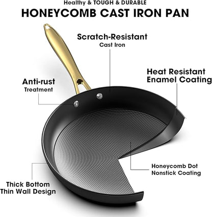 imarku Non Stick Frying Pans, Professional Cast Iron Skillets 2 Pcs - 8 Inch & 10 Inch Frying Pans Nonstick, Honeycomb Long Lasting Frying Pan Set Gold Handle Oven Safe Pan, New Home Essentials