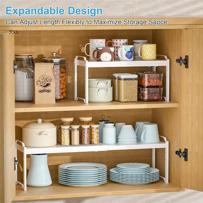 4 Pack Kitchen Cabinet Shelves Organizers, Kitchen Counter Storage Shelf Spice Rack, Expandable Length, Adjustable Height, Stackable, Sturdy 30LBS Bearing, Small Cupboard Tabletop Organizer Shelf Rack