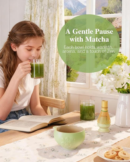 ZENS Matcha Whisk Set, Ceramic Matcha Tea Set with 15oz Sakura Bowl and Bamboo Whisk & Scoop, (Chasen Holder), Stainless Sifter-Tea Towel, 6pcs Matcha Kit for Matcha Lovers, Green