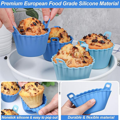 Koluti Reusable Silicone Baking Cups Set of 4, Nonstick Muffin Cupcakes Mold with Double Handle, BPA Free, Small Round Air Fryer Cupcake Liners, 2 Color
