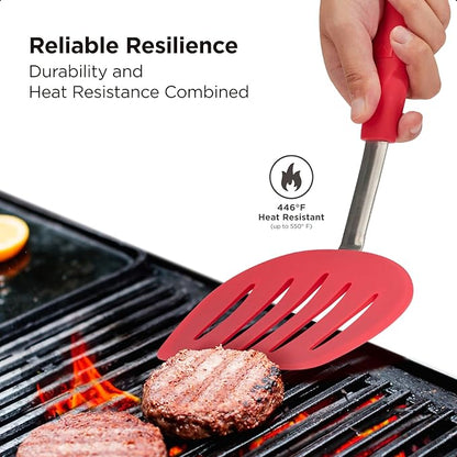 Kitchen Mama WaltzGrip Platinum Silicone Pancake Spatula Turner: Heat Resistant Flexible, Stainless Steel Core, Nonstick, Dishwasher Safe, Flipper – Ideal Kitchen Cookware for Eggs, Fish, Meat (Red)
