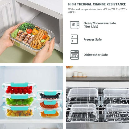 KAMOTA Glass Food Storage Containers, 10 Pack Glass Meal Prep Containers, Airtight Containers with Snap-Lock Lids, 34 oz and 13 oz green Container Set with Lids, for Microwave/Oven/Freezer