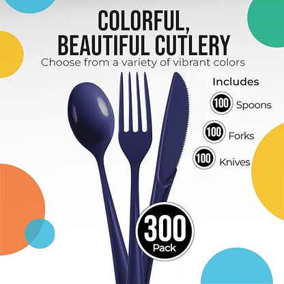 Party Solids Navy Plastic Silverware Heavy Duty 300 Pieces Navy Plastic Cutlery Sets, Utensil Sets, 100 Of Each Forks, Knives & Spoons Disposable Cutlery Set, Flatware Set For Party Supplies