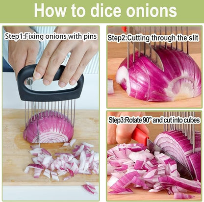 NOVANO Large Onion Slicer & Meat Tenderizer,Kitchen Cooking Tool for Tenderizing, Onion Cutter Vegetable Chopper, Stainless Steel Tomato Slicer with 16 Long Needles, for Potato Lemon