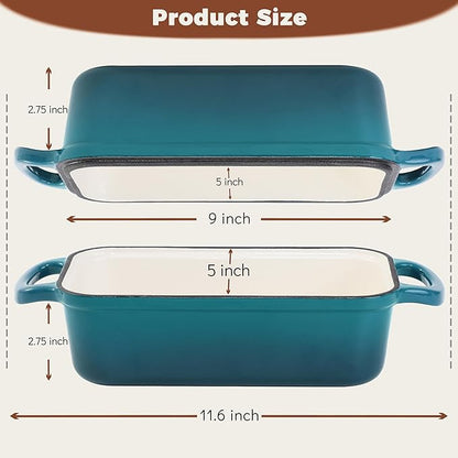 Cast Iron Loaf Pan With Lid, Enameled Bread Loaf Pan For Homemade Bread Sourdough, 2 In 1 Loaf Pans For Baking Bread 9x5, Even Heating Bread Dutch Oven, Teal