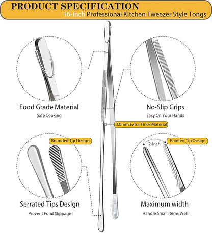 JETKONG 2 Pieces Extra-Long Tweezer Tongs 16-Inch Stainless Steel Tweezers Chef Tweezers (Point-Tips)