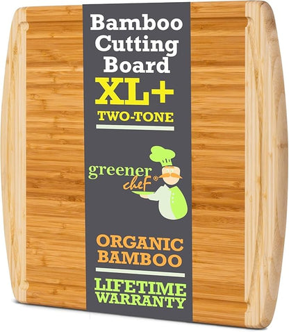 GREENER CHEF 20 Inch Extra Large Bamboo Cutting Board with Lifetime Replacement - Wooden Butcher Block for Kitchen, Carving Meat, Vegetables, and Charcuterie with Deep Juice Groove