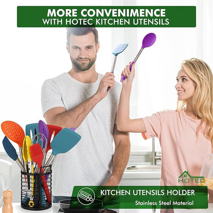 HOTEC 446°F Heat Resistant Silicone Kitchen Utensils, Cooking Utensil Set, Spatula Set, BPA Free, Kitchen Gadgets, Utensils Holder, Dishwasher Safe, 14pcs Multicolor