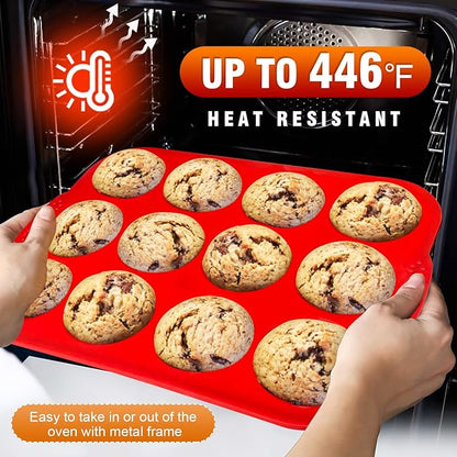 Walfos Silicone Muffin Pan with Metal Frame, 2.8 Inch Regular Size Silicone Cupcake Pan Muffin Tin, Non-Stick 12 Cups Egg Bites Molds for Baking, BPA Free, Dishwasher Safe, 2 Pack