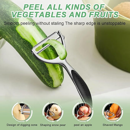 Vegetable Peeler - Stainless Steel Ultra Sharp Shape Potato Peelers, Non-Slip Soft Grip Handle, Y and I Effortless Carrot & Fruit Peeling 5-in-1 Peeler Set