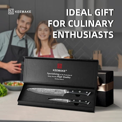 KEEMAKE Damascus Kitchen Knife Set 2 PCS, Ultra Sharp 67 Layer Damascus Steel Chef Knife and Paring Knife, Knives Set for Kitchen with G10 Non-slip Handle for Meat Vegetable Fruit