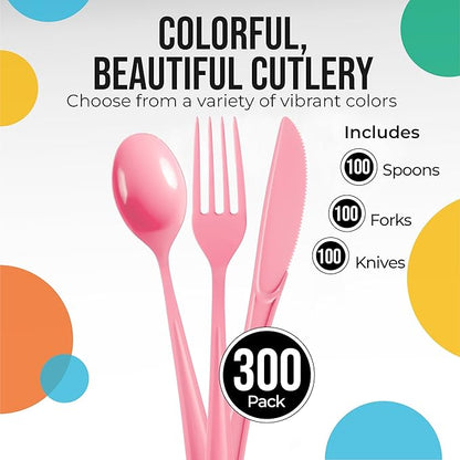 Party Solids Pink Plastic Silverware Heavy Duty 300 Pieces Pink Plastic Cutlery Sets, Utensil Sets, 100 Of Each Forks, Knives & Spoons Disposable Cutlery Set, Flatware Set For Party Supplies