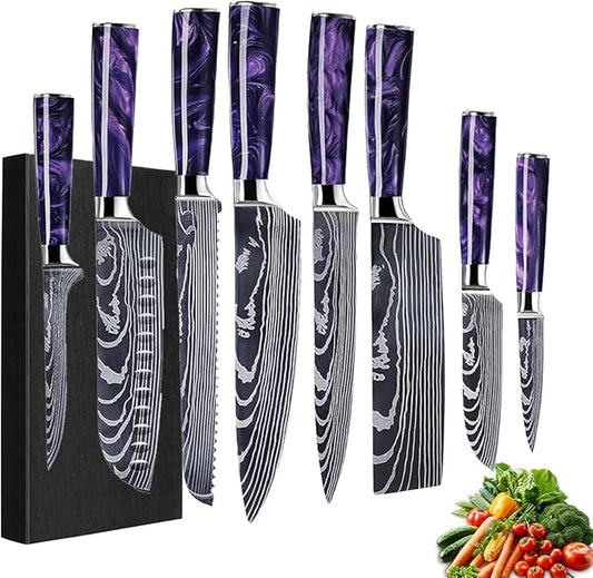 8-Piece Premium Japanese Kitchen Knife Set - Imperial Collection, Laser Damascus Pattern, 440A Stainless Steel Ultra Sharp for Fast Cutting (DMS-8A-Purple)