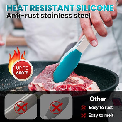 600℉ Heat Resistant Kitchen Tongs for Cooking with Silicone Tips,12-Inch Stainless Steel Locking Cooking Tongs Food Tongs for BBQ,Cooking,Salad and Serving Food,Heavy Duty,Non-Stick (Turquoise)