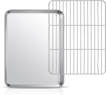 12.5 Inch Baking Sheet Pan with Rack Set, Joyfair Stainless Steel Toaster Oven Pans Tray & Cooling Racks for Cookie/Jelly Roll/Bacon/Meat, Commercial Metal & Rust-free, Dishwasher Safe