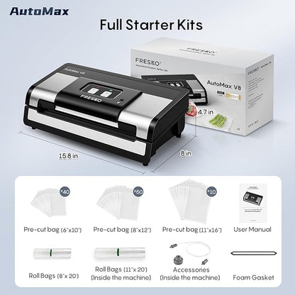 Fully Automatic Vacuum Sealer, 95Kpa Powerful Food Vacuum Sealer Machine, Auto Dry-Wet Detection | Bag Cutter | 2 Rolls Bags & 100 Pcs Precut Bags | Effortless Operation, Silver - Black