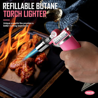 RAVS Refillable Butane Torch Lighter, Ultra Premium Gifts for Men, Kitchen Torch Lighter for Creme Brulee, Cooking Torch Gun with Adjustment Flame, Blow Torch for Cooking (Pink)
