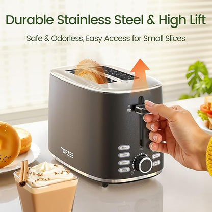 Topzee Toaster 2 Slice, Wide Slot for Toasting Bagel Muffin Waffle Gluten Free Breads, 7 Shade Settings, Defrost & Reheat, Stainless Steel, Easy Clean, Black