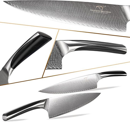 NANFANG BROTHERS Damascus Kitchen Knife Set, 15-Piece with Block, ABS Ergonomic Handle, Carving Fork, Disconnect-type Knife Block (Black)