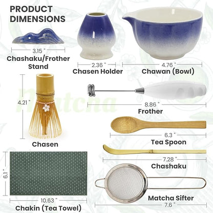 Matcha Whisk Set Incl. Ceramic Bowl With Spout, Whisk (Chasen), Stand, Bamboo Scoop, Sifter, Electric Frother, Tea Towel etc. 9 Pcs Matcha Making Starter Kit, Blue&White