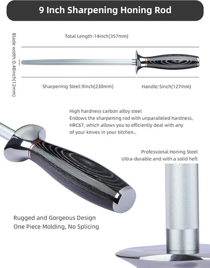 Honing Rod, Sharpening Steel for Kitchen Knives – 9" Honing Steel with Pakkawood Handle – MIAO Series