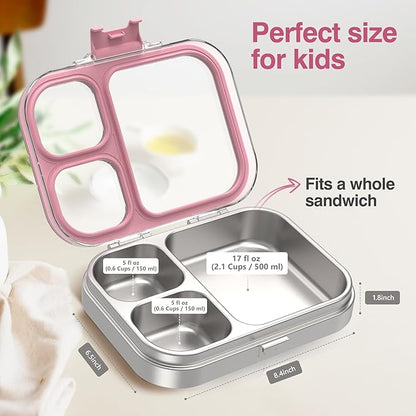 Stainless Steel Lunch Box, 3 Compartments Metal Bento Box for Kids Adults, Leak-Proof Lunch Box for School Office, Dishwasher Safe, BPA-Free, Tritan Lid, Pink