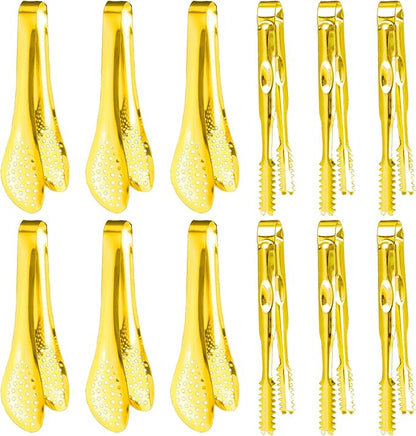12-Piece Mini Tongs - 5-Inch Stainless Steel Salad Tongs, Small Tongs for Serving Food, Mini Serving Utensils for Appetizers, Party, Coffee, Desserts (Gold)
