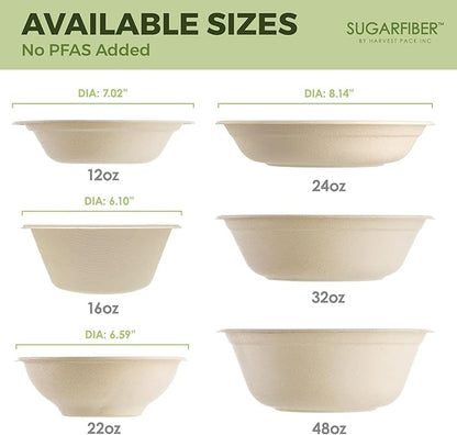 [1000 Count]Sugarfiber by Harvest 22oz Round Bowls PFAS Free with PLA coating - Compostable Heavy-Duty Eco-Friendly Disposable Bagasse Bowl Sugarcane made plant fibers for Meal Prep