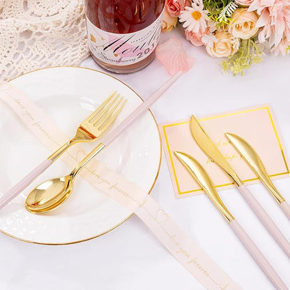 SUT 160Pcs Pink and Gold Plastic Silverware, Heavy Duty Plastic Silverware, Valentines Plastic Utensils, 80 Plastic Forks, 40 Knives, 40 Spoons, Disposable Cutlery for Parties, Valentines(Pink Gold)