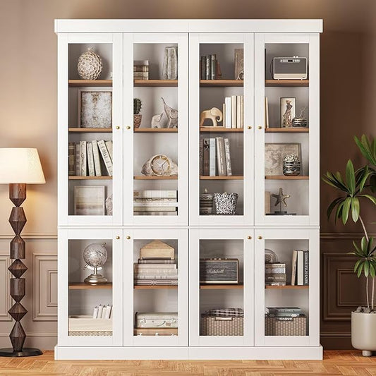 70.8" Tall Farmhouse Kitchen Pantry Cabinet with Glass Doors, Modular Storage Cabinet with 6-Tier Adjustable Shelves, White, Wooden Hutch for Kitchen, Living Room, Set of 2