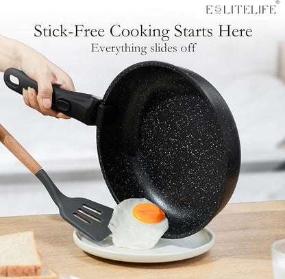 ESLITE LIFE Nonstick Cookware Sets with Detachable Handle,Ceramic Coating Pots and Pans Set Kitchen Cooking Set, Compatible with All Stovetops, PTFE & PFOA Free, Black, 10 Pcs Set