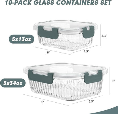 KOMUEE 10 Packs Glass Meal Prep Containers with Lids, Glass Food Storage Containers Set, Airtight Lunch Containers, Microwave, Oven, Freezer and Dishwasher Safe, Gray