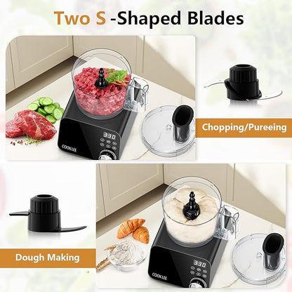COOKLEE Food Processor, 600 Watts, 6 Functions Electric Vegetable Chopper for Chopping, Mincing, Dicing, Shredding, Slicing, Purees & Dough with 12cup Processor Bowl, Food Chute & Pusher, Black