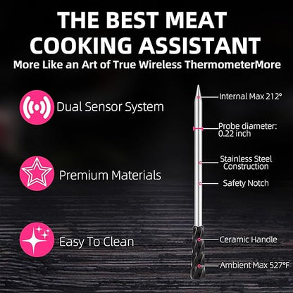 Wireless Smart Meat Thermometer with Bluetooth | Long Range | Measures Internal & Ambient Temp | for BBQ, Oven, Grill, Kitchen, Smoker, Rotisserie
