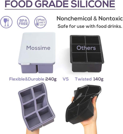 Mossime Large Ice Cube Molds: Square Whiskey Silicone Ice Cube Trays With Lid - 2pack Old Fashioned Big Silicone Ice Cube Tray for Cocktail - 2inch Easy Release Ice Cube Maker For Freezer