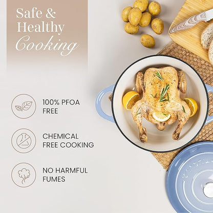 Nuovva Enamelled Cast Iron Dutch Oven Pot with Lid 6.4 Quart Non Stick Casserole Pot – Heavy Duty & Oven Safe up to 500° F for Bread Baking, Braising, Stews, Roasting – 28cm Costal Blue