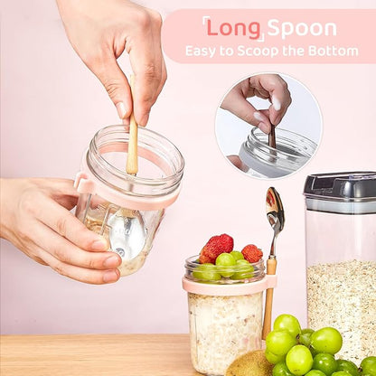 Glass Overnight Oats Containers with Lids and Spoon, 16oz Wide Mouth Mason Jars for Overnight Oats, Cereal, Yogurt, Salad Lunch Container with Measurement Marks - MultiColor 4 Pack